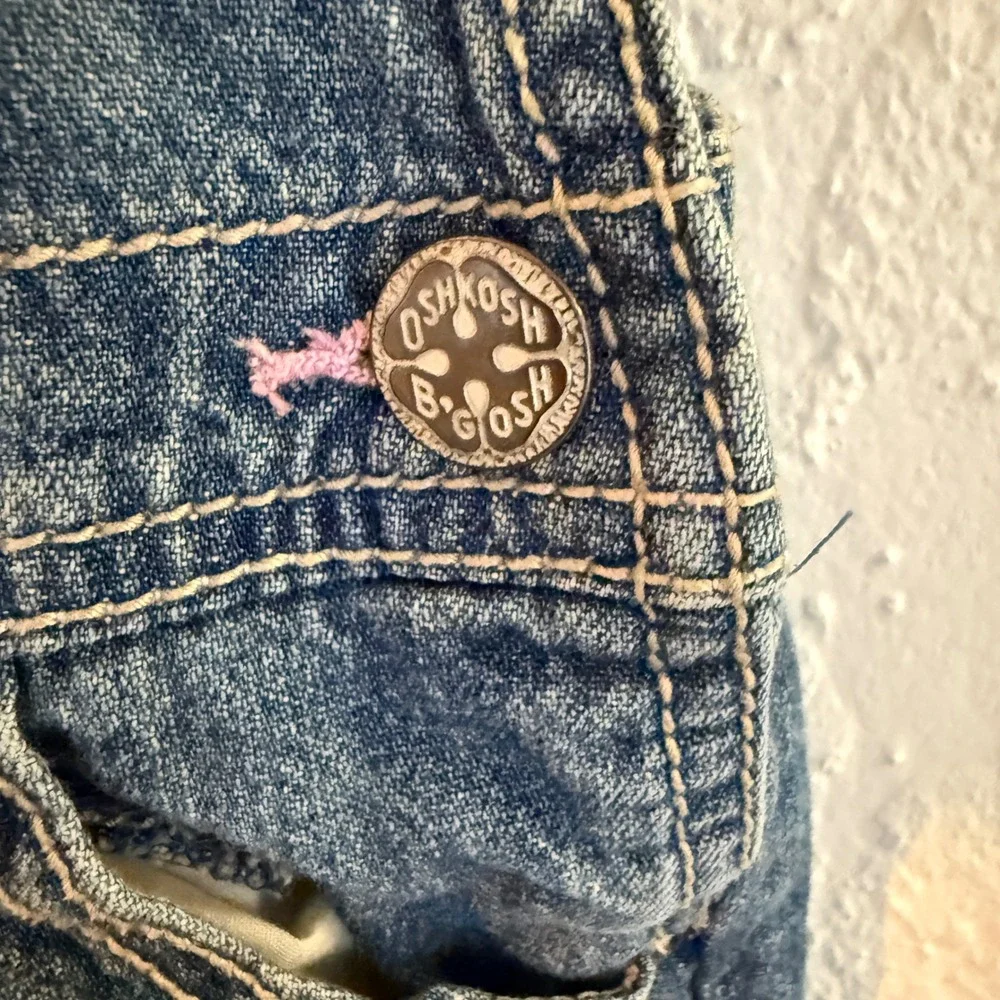 OshKosh B'gosh Girls Blue Denim Floral Embroidered Overall Dress Jumper Toddler2
